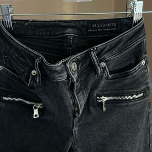 All Saints Biker cropped jeans with zipper details.